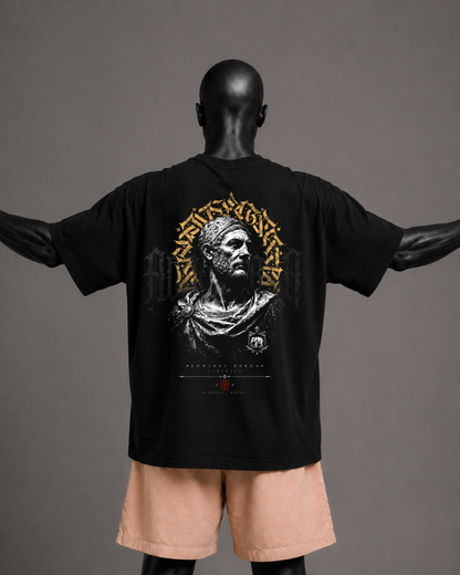 Camiseta oversized masculina Aníbal Barca AVDACIA — vista de costas
