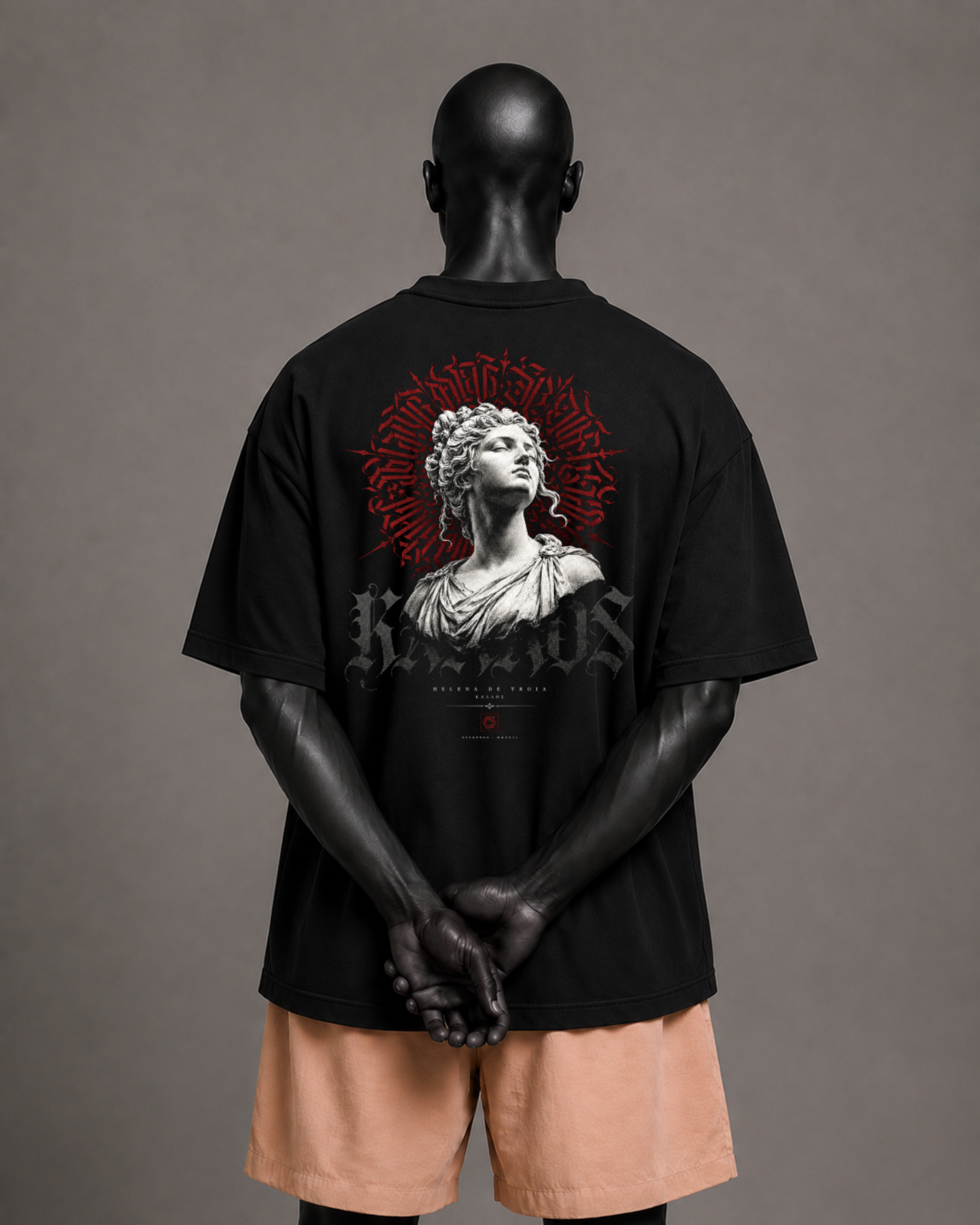 Camiseta oversized masculina Helena de Troia ΚΑΛΛΟΣ — vista de costas