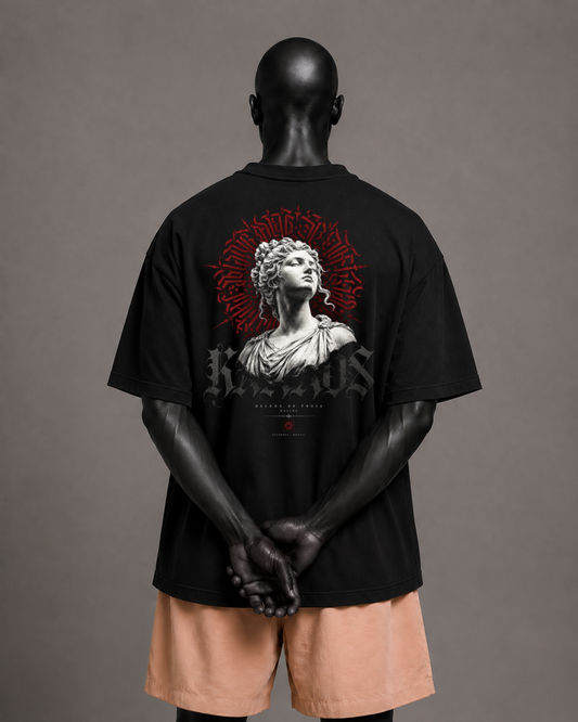 Camiseta oversized masculina Helena de Troia ΚΑΛΛΟΣ — vista de costas